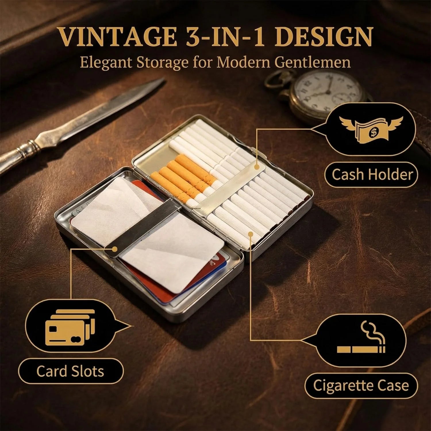 Vintage Style Metal Cigarette Carrying Case Art Deco Design Versatile Card & Cash Case Easy Snap Gift Idea for for Women and Men